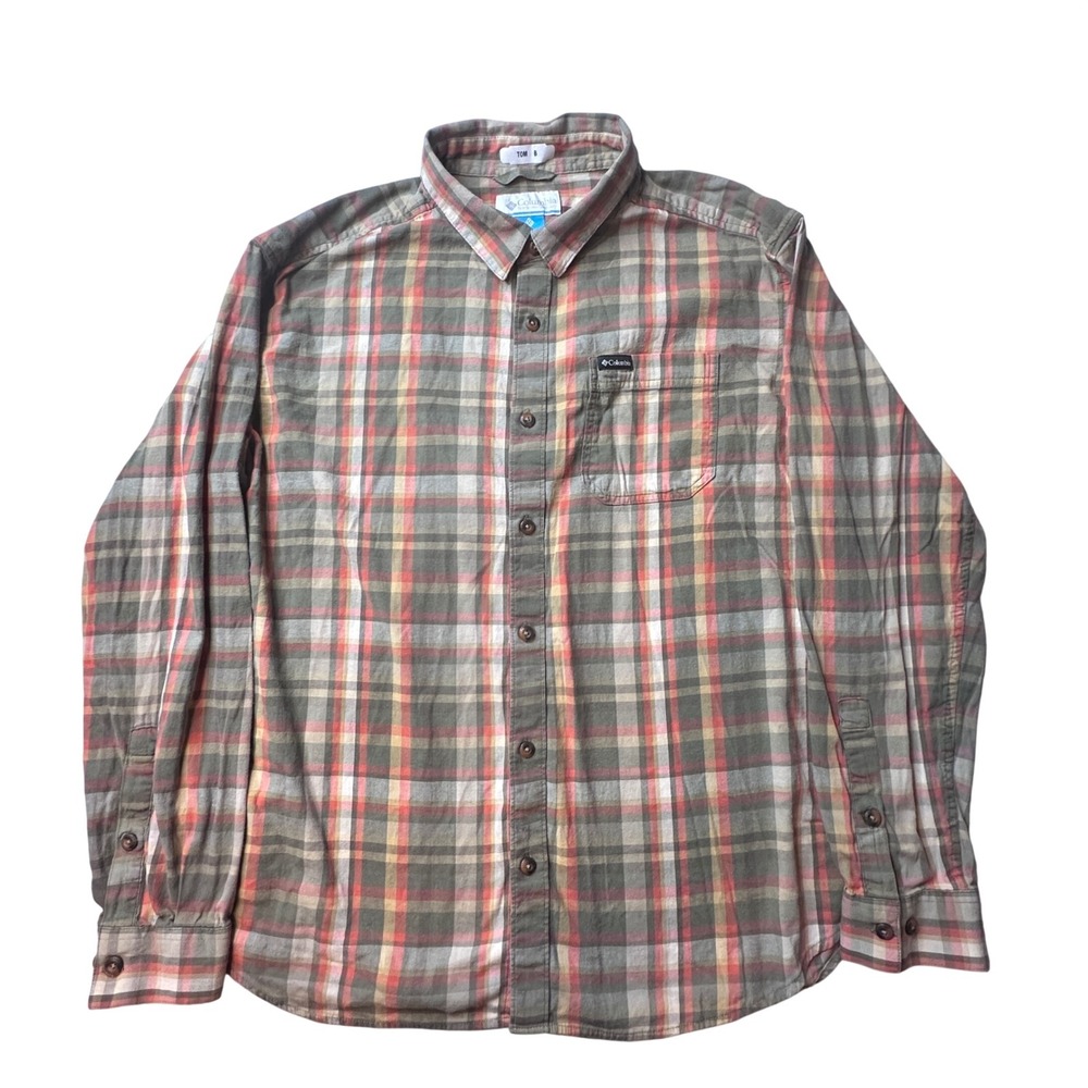 Columbia Button Down Mens XL Green Plaid AM8053 Long Sleeve Stretch Cotton Shirt